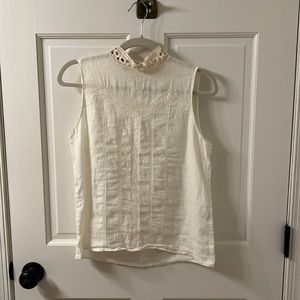 Zara Basic XS white detailed top with high neck with detailed sand colored linen